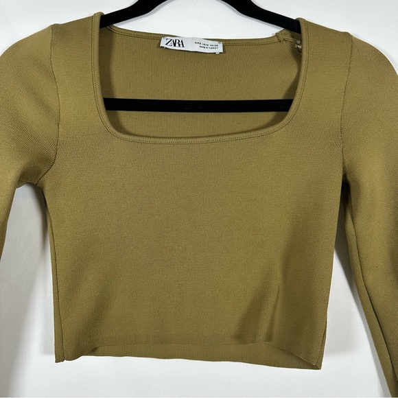 Zara Olive Long Sleeve Crop Top Sz Small - Picture 2 of 7